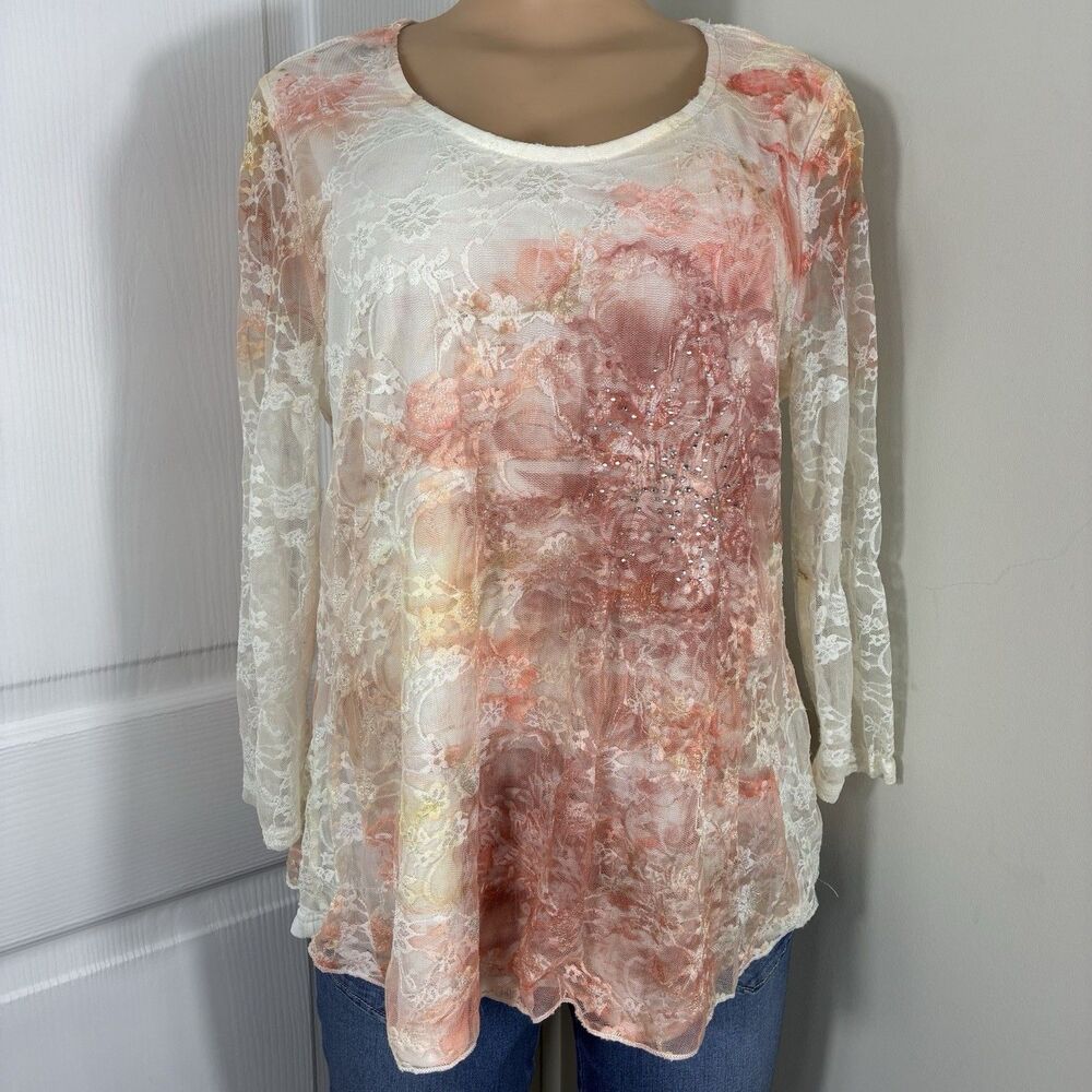 CalStyle Womens Top Sz L Y2K Fairy Floral Lace Lined 3/4 Sleeve Whimsical